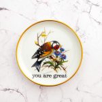 Wandteller Herr Fuchs Typo you are great Goldrand mini Vogel 10cm vintage Diestelfink
