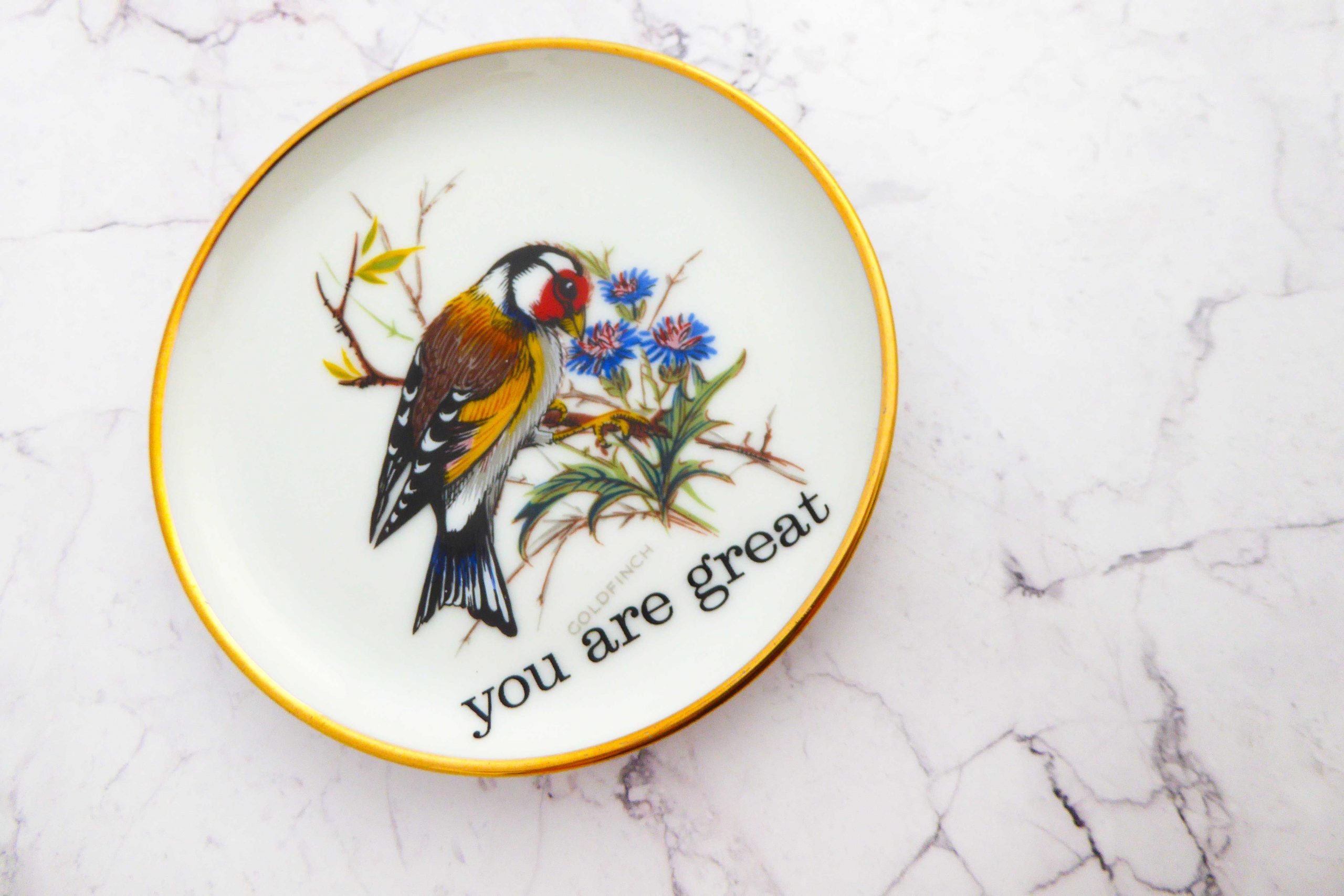 Wandteller Herr Fuchs Typo you are great Goldrand mini Vogel 10cm vintage Diestelfink – Bild 2