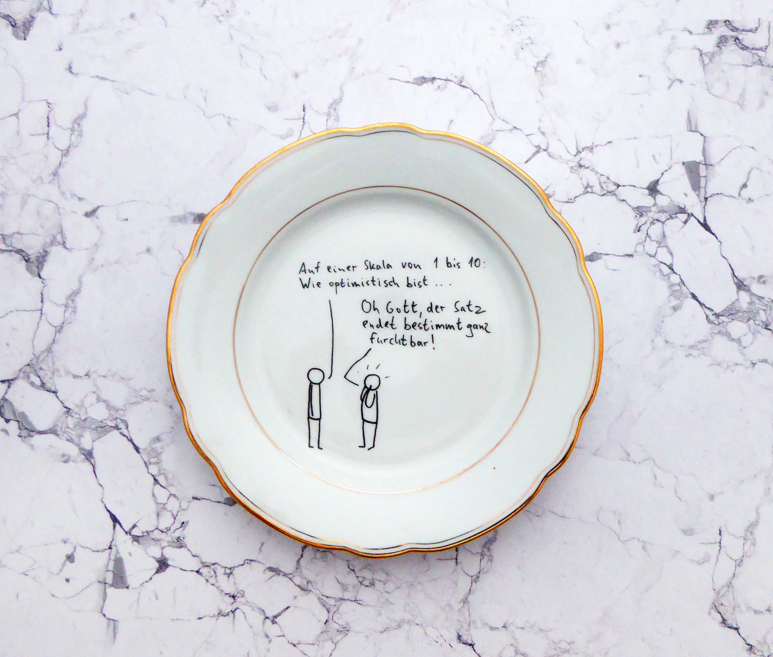 Wandteller @kriegundfreitag Typo Optimismus vintage Herr Fuchs Teller Gold 19cm – Bild 3