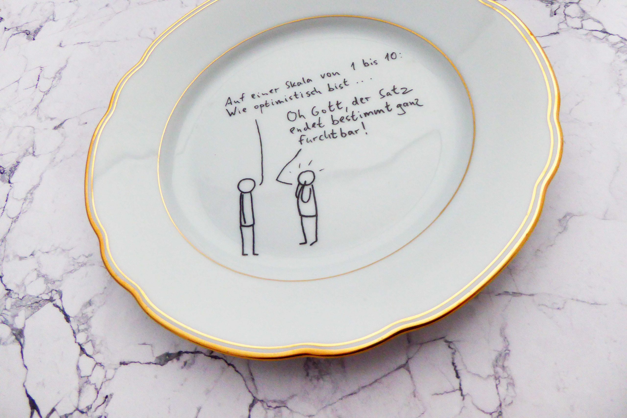 Wandteller @kriegundfreitag Typo Optimismus vintage Herr Fuchs Teller Gold 19cm – Bild 4