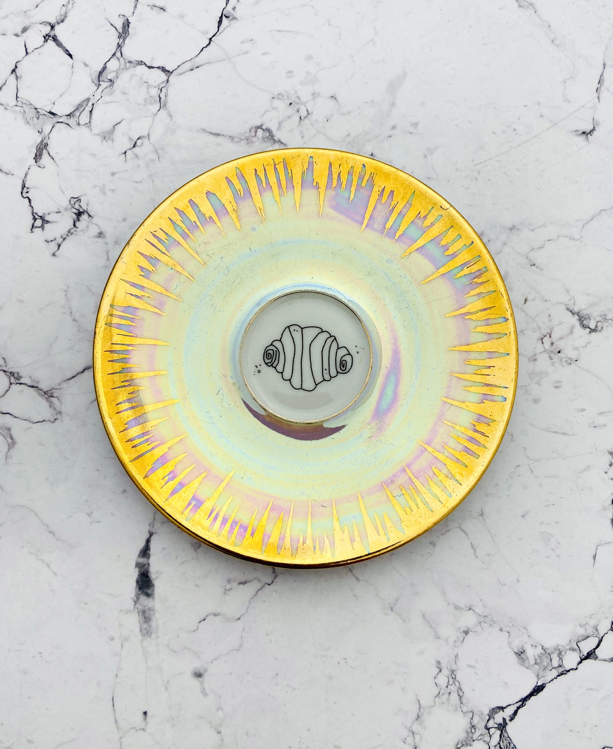 Wandteller Herr Fuchs Franzbrötchen irisierend mini Regenbogen 11cm vintage Hamburg Gold