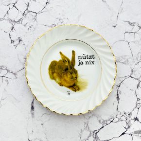 Wandteller Herr Fuchs Hasen gold 15cm Typo nützt ja nix vintage Wohnen Dürer