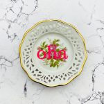 Wandteller Typo oha vintage Herr Fuchs mini rosa neonpink gold 11cm Blume Durchbruch