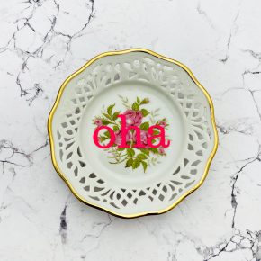 Wandteller Typo oha vintage Herr Fuchs mini rosa neonpink gold 11cm Blume Durchbruch