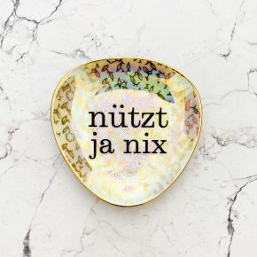 Wandteller Typo nützt ja nix Herr Fuchs mini 9cm Gold Regenbogen irisierend eckig