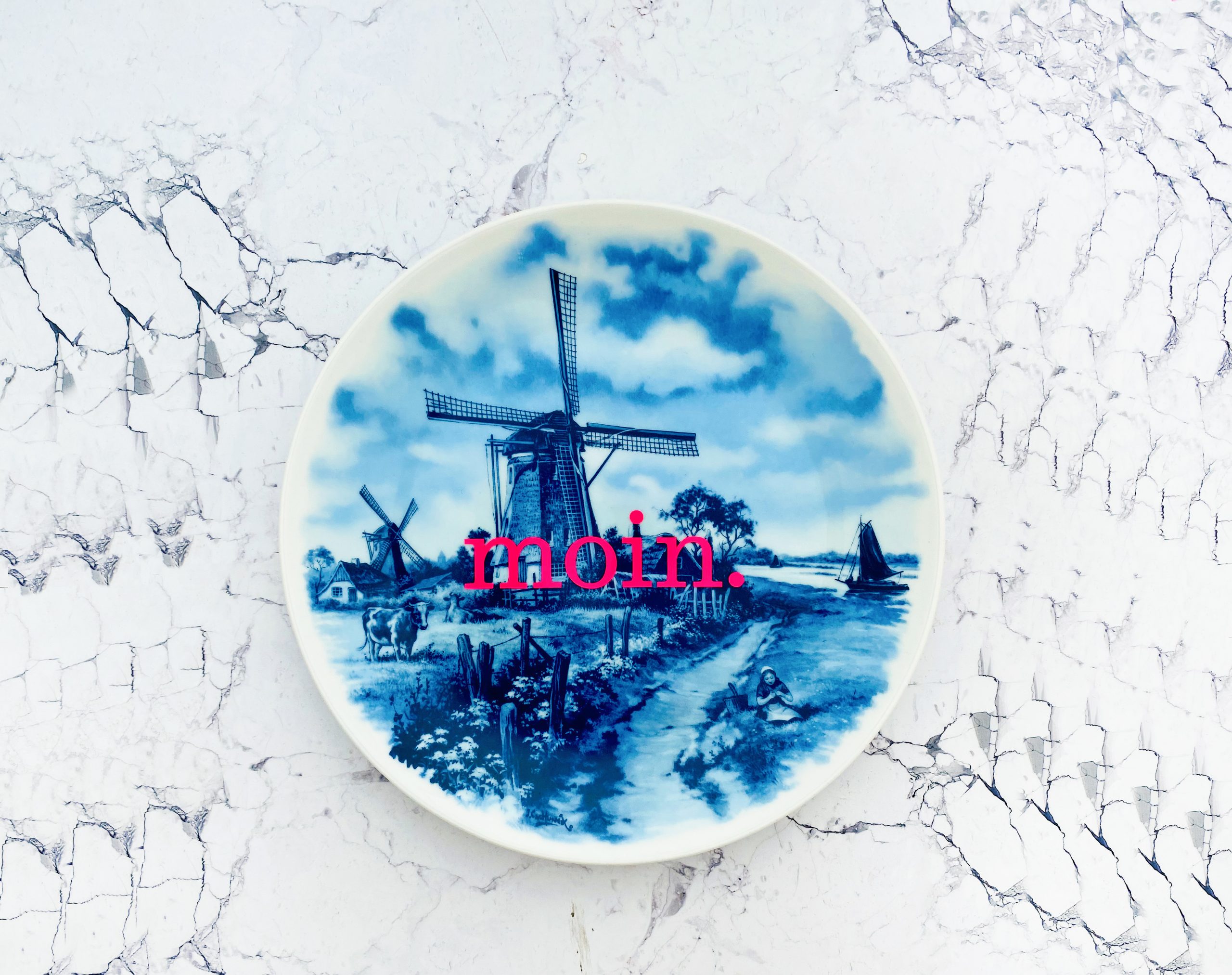 Wandteller moin. Typo Herr Fuchs Blau Neonpink 24cm Mühle Delfter Landschaft