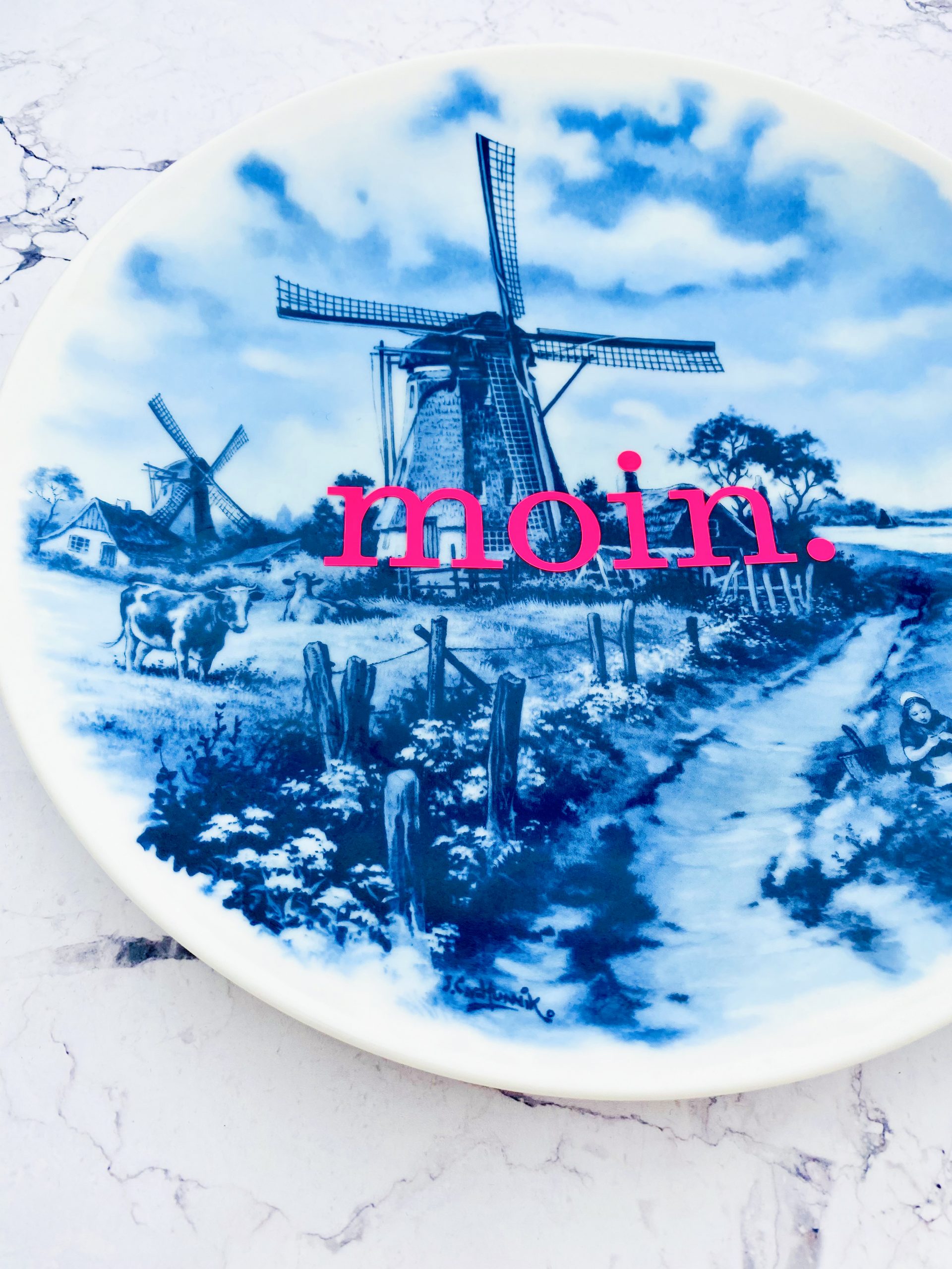 Wandteller moin. Typo Herr Fuchs Blau Neonpink 24cm Mühle Delfter Landschaft – Bild 2