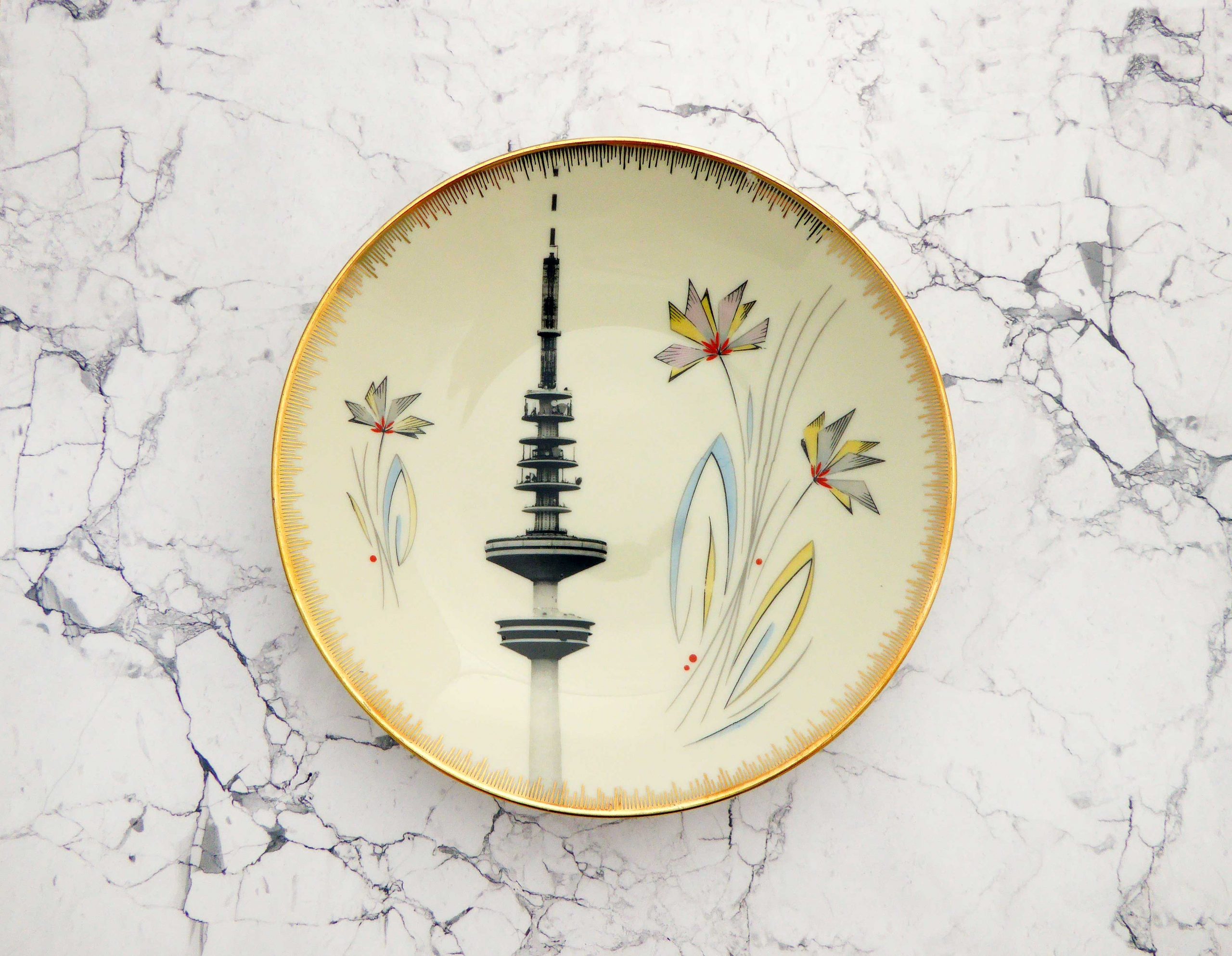 Wandteller Hamburg Fernsehturm vintage Herr Fuchs Teller Blumen Gold 20cm Streifen