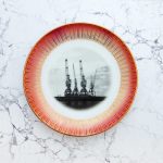 Wandteller Teller Herr Fuchs Hamburger Hafen Kräne rosa/pink/gold Muster 19cm vintage