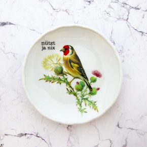 Wandteller Herr Fuchs Typo nützt ja nix Diestelfink mini 11cm Vogel vintage