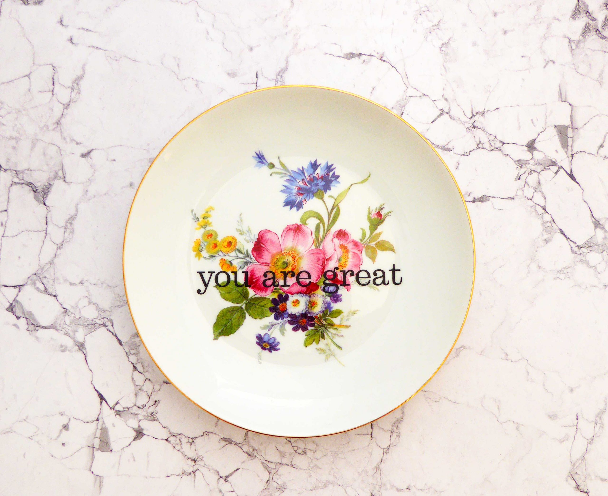 Wandteller you are great Herr Fuchs Blume Rose bunt 19cm Gold rosa / blau vintage