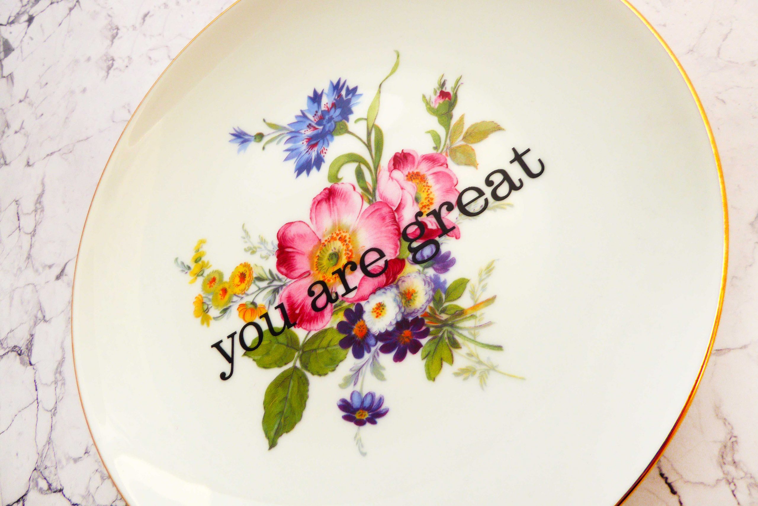 Wandteller you are great Herr Fuchs Blume Rose bunt 19cm Gold rosa / blau vintage – Bild 2