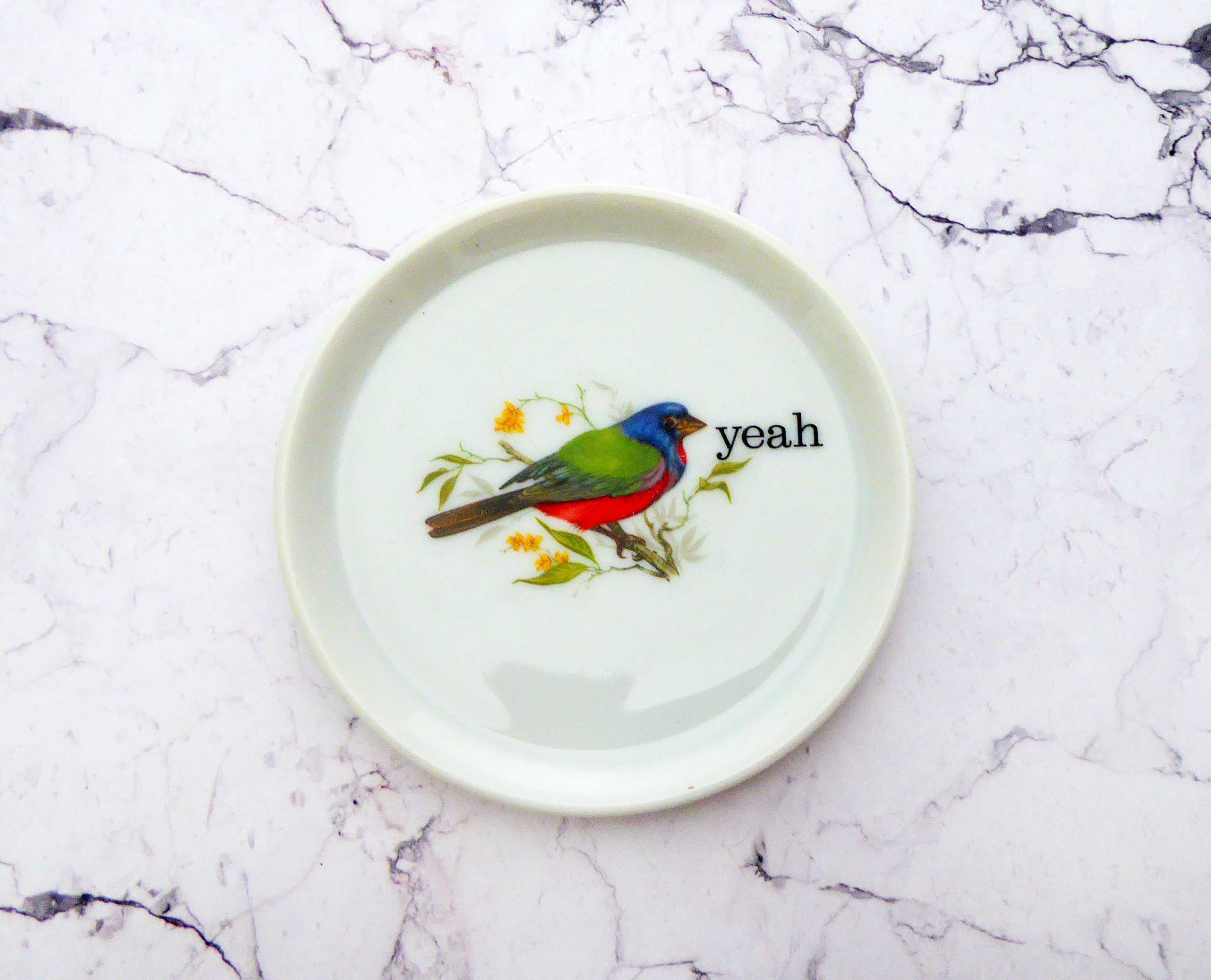 Wandteller Herr Fuchs yeah Typo Vogel mini 10cm Bunt vintage Wohnen weiß