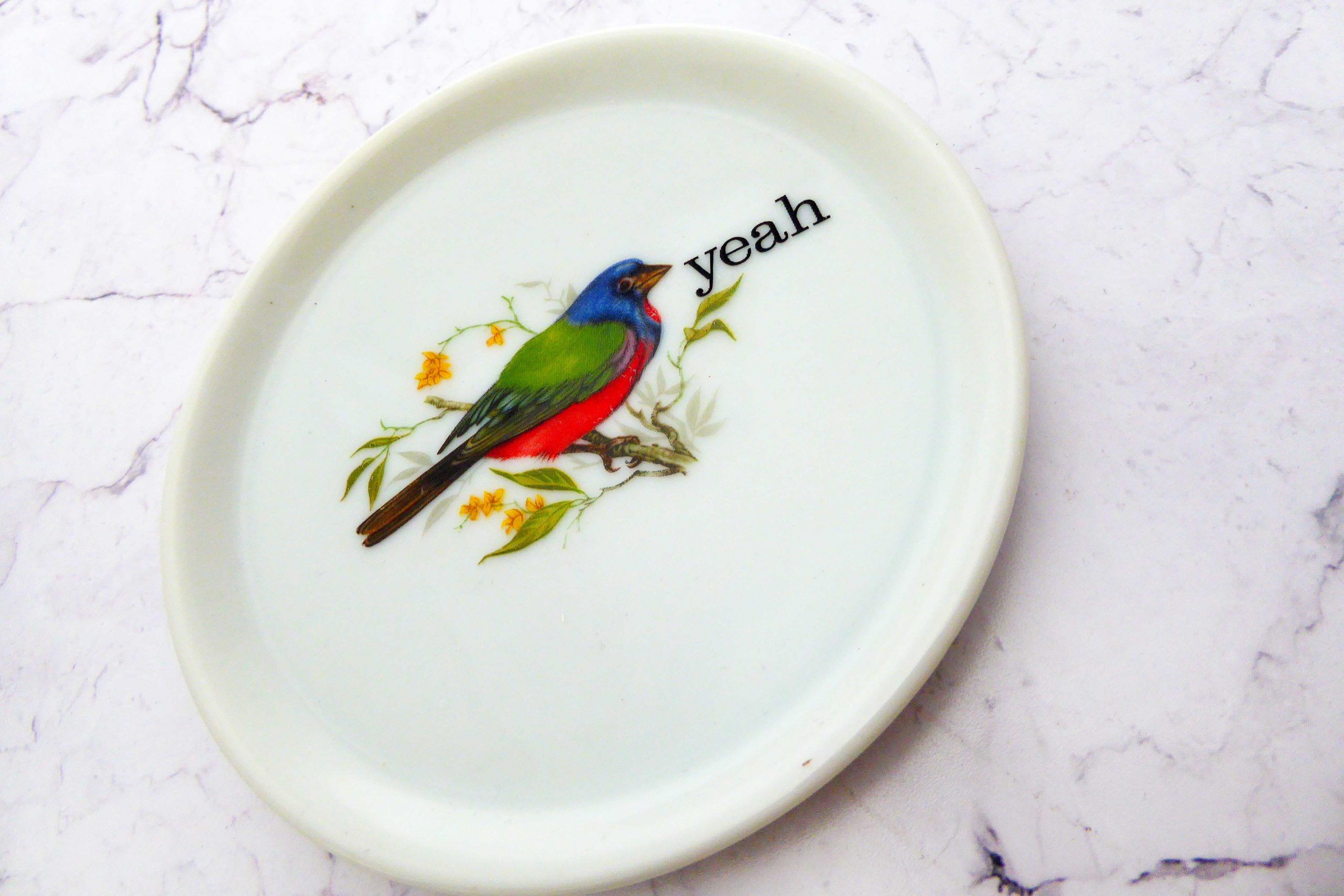 Wandteller Herr Fuchs yeah Typo Vogel mini 10cm Bunt vintage Wohnen weiß – Bild 2