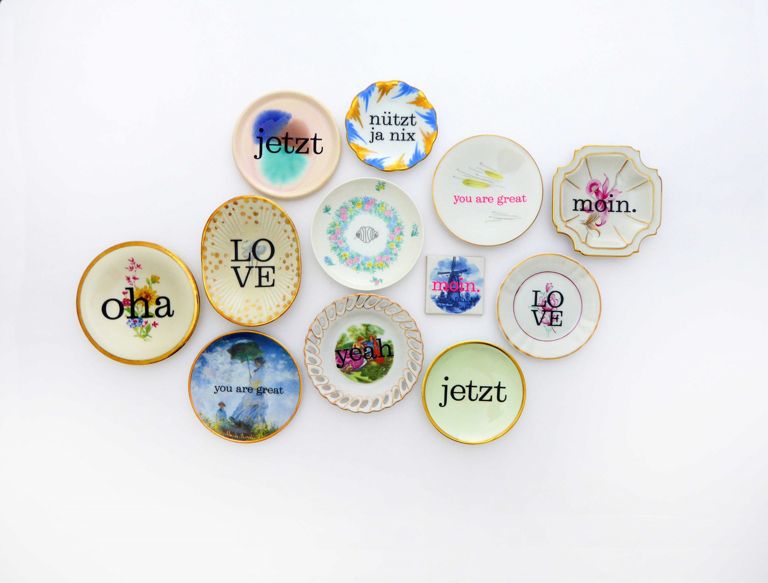 Wandteller Herr Fuchs Typo yeah Gold mini Blume Menschen 10cm Gemälde Bunt Durchbruch – Bild 3