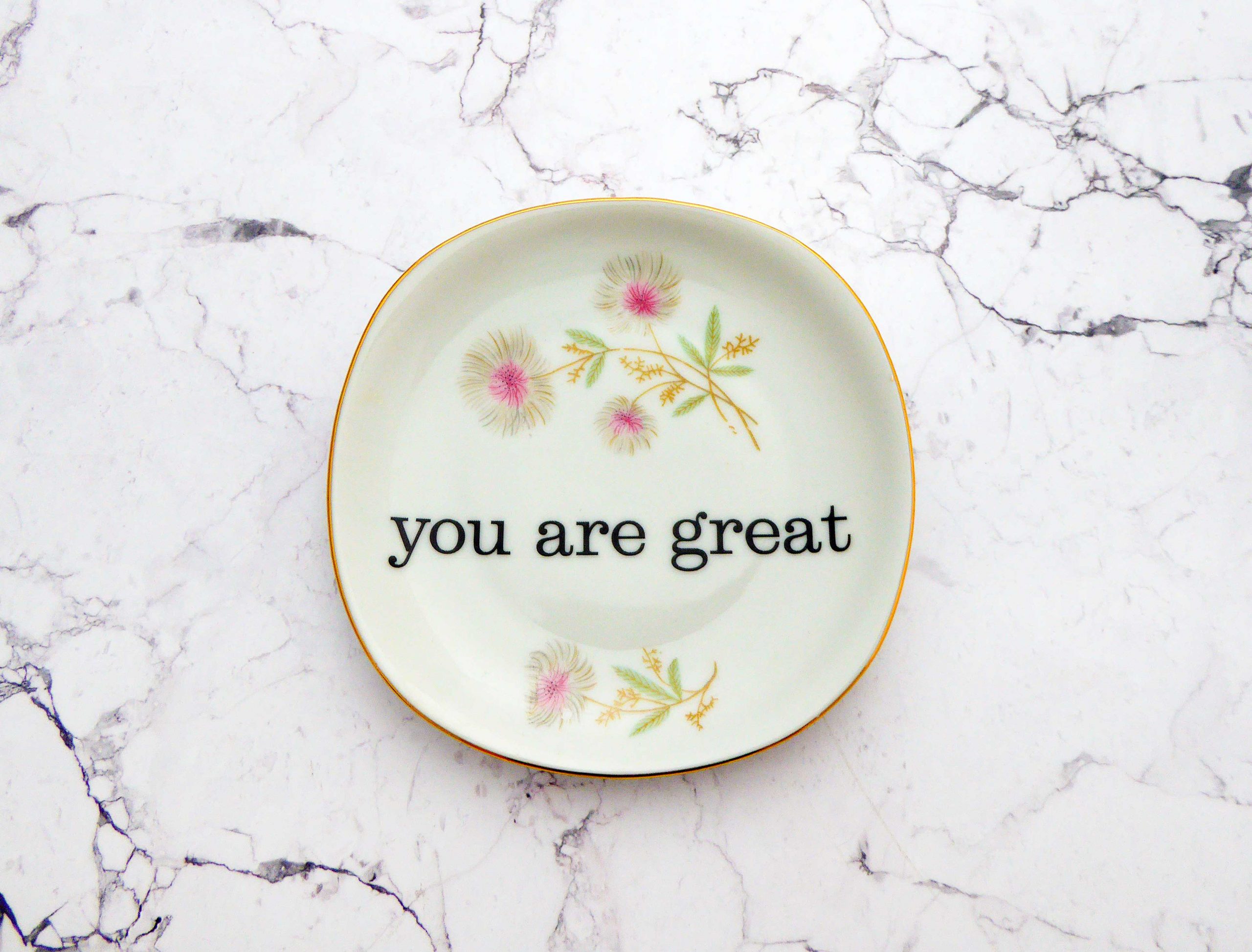 Wandteller you are great vintage Herr Fuchs Teller eckig mini 11cm Blumen gold rosa