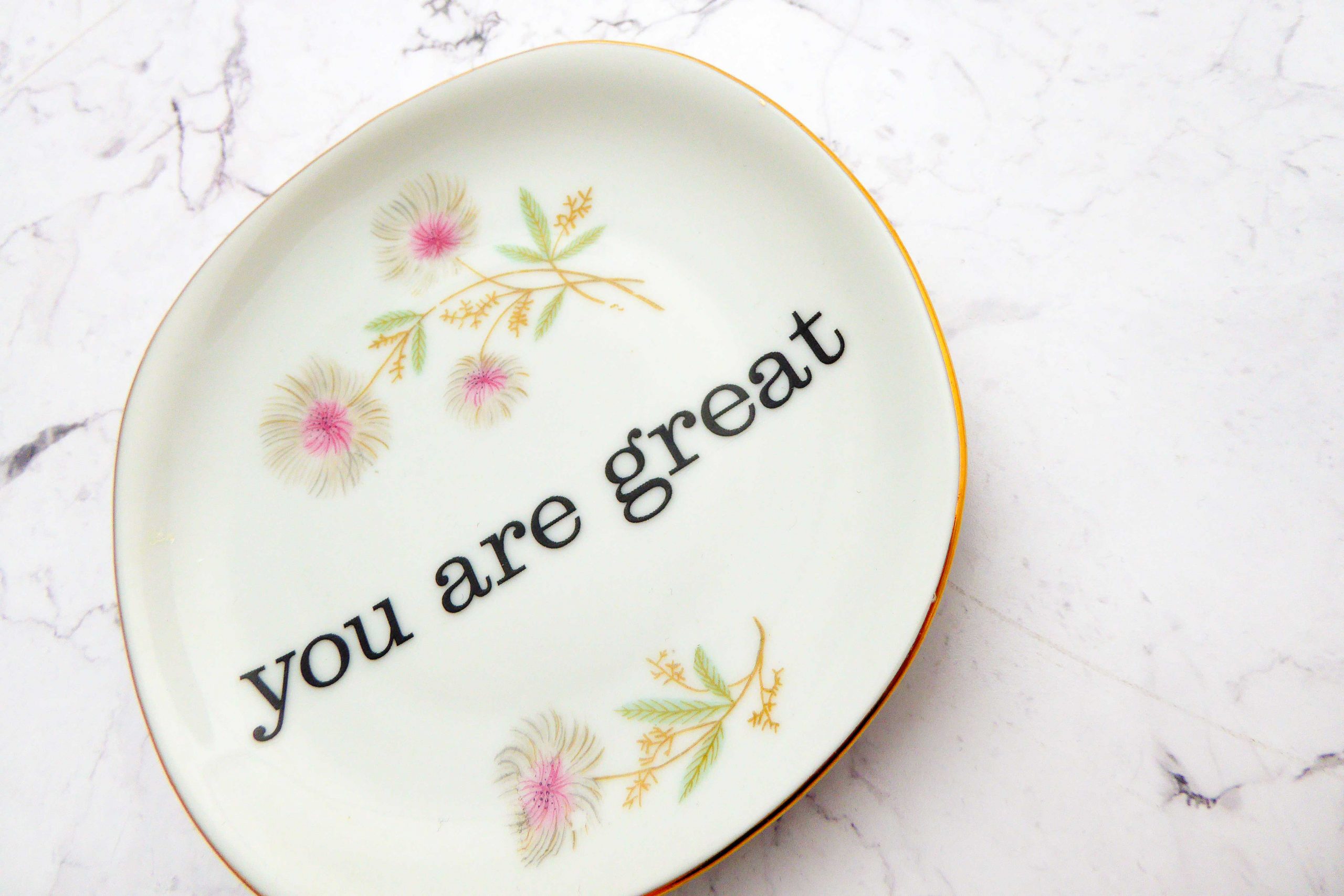 Wandteller you are great vintage Herr Fuchs Teller eckig mini 11cm Blumen gold rosa – Bild 2