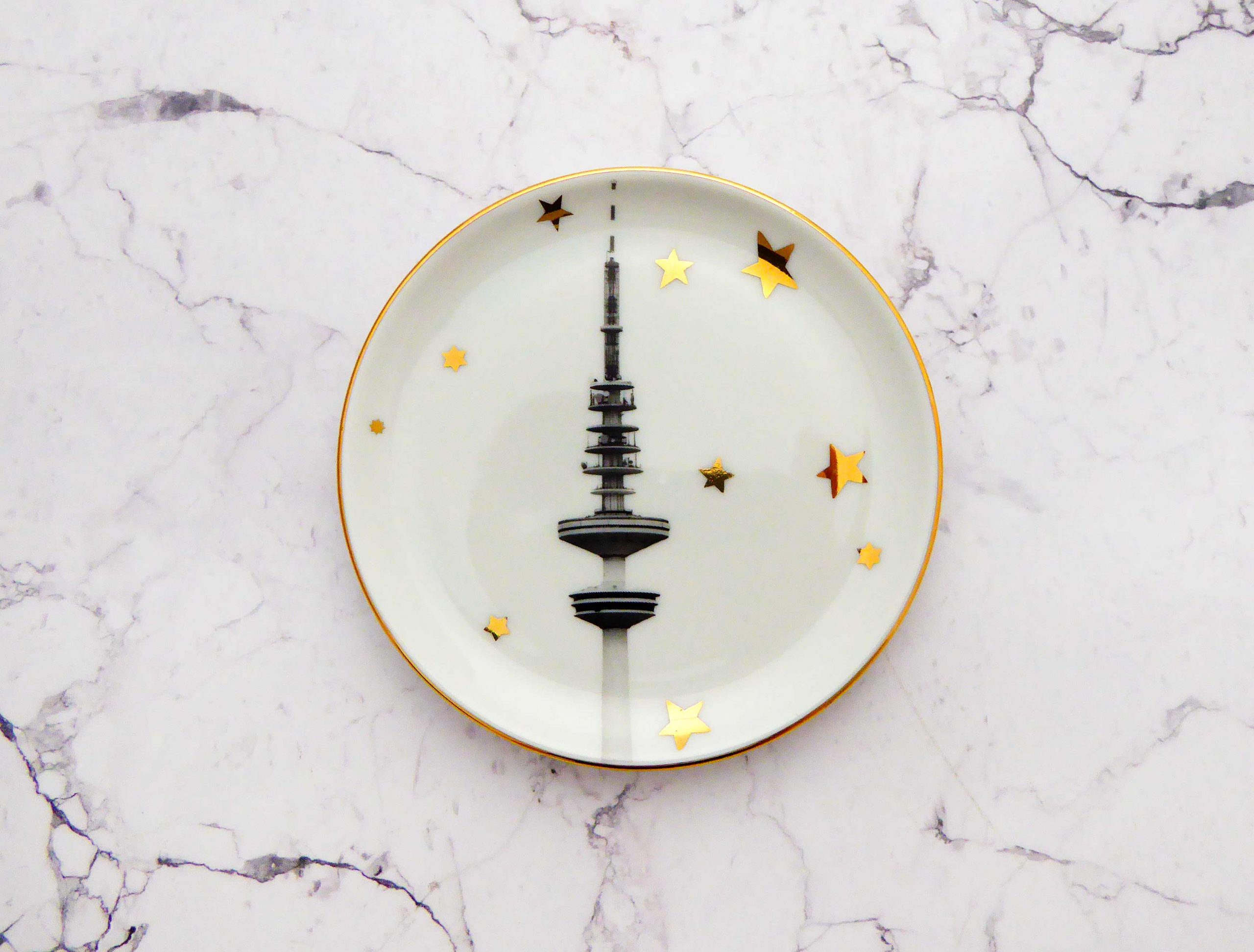 Wandteller Herr Fuchs Hamburger Fernsehturm Gold mini 10cm Heinrich-Hertz-Turm Sterne