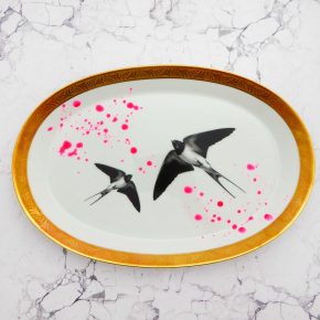 Wandteller Platte Herr Fuchs Schwalbe gold Wohnen 32cm neonpink Kleckse vintage