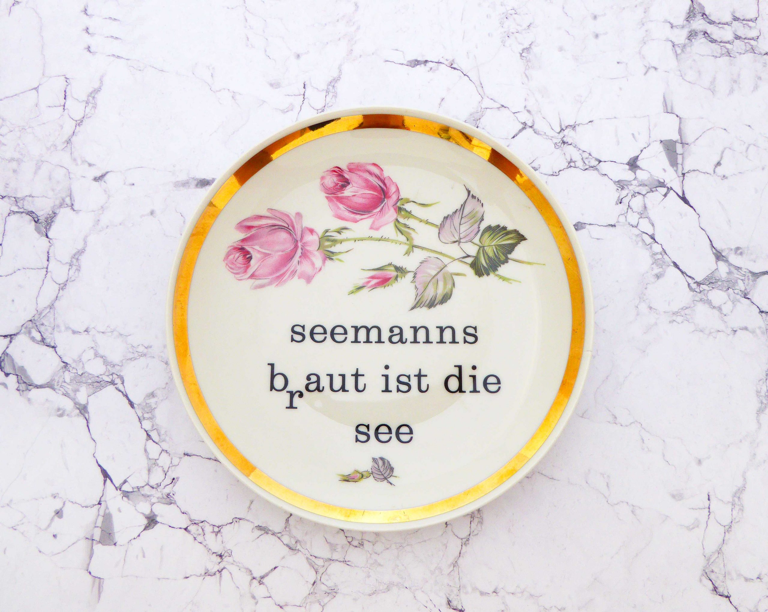 Wandteller Typo Seemanns Braut Herr Fuchs Blumen Gold 19 cm vintage Bunt Rosa