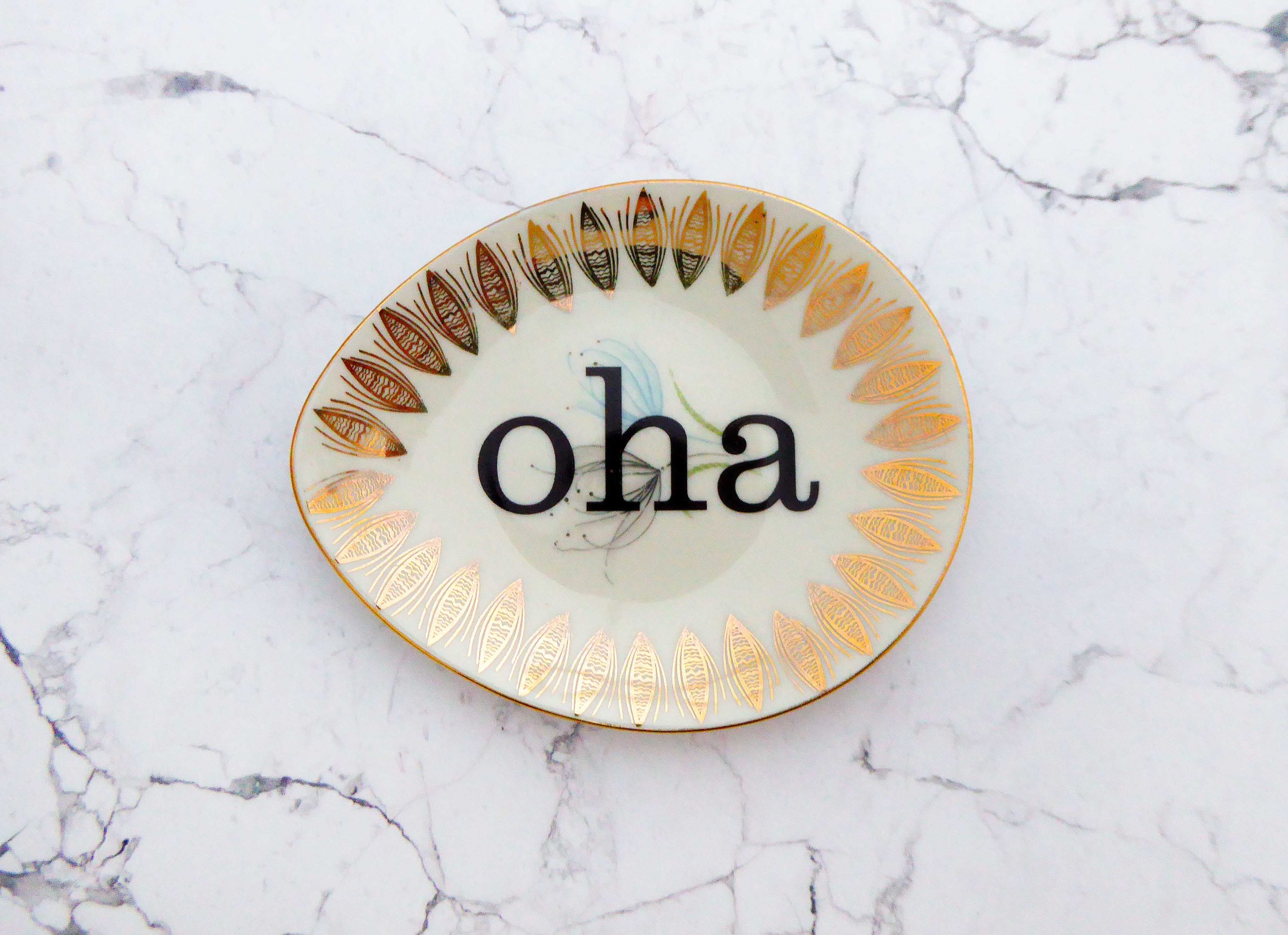 Wandteller oha Typo Herr Fuchs mini 11cm gold bunt Blume Schnack vintage oval
