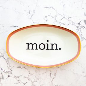 Wandteller Platte Herr Fuchs moin. Typo gold länglich 22cm rosa vintage