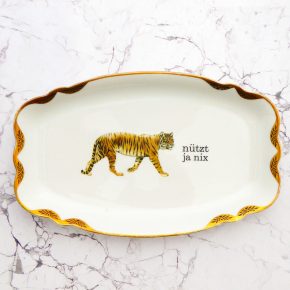 Wandteller Platte Herr Fuchs Typo nützt ja nix 25cm Tiger Gold Bögen Muster vintage schwarz