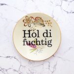 Wandteller Hol di fuchtig Typo Herr Fuchs mini 11cm Muster Blume plattdeutsch vintage Gold