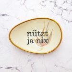 Wandteller Typo nützt ja nix Herr Fuchs mini 12cm Gold Blumen Muster oval vintage