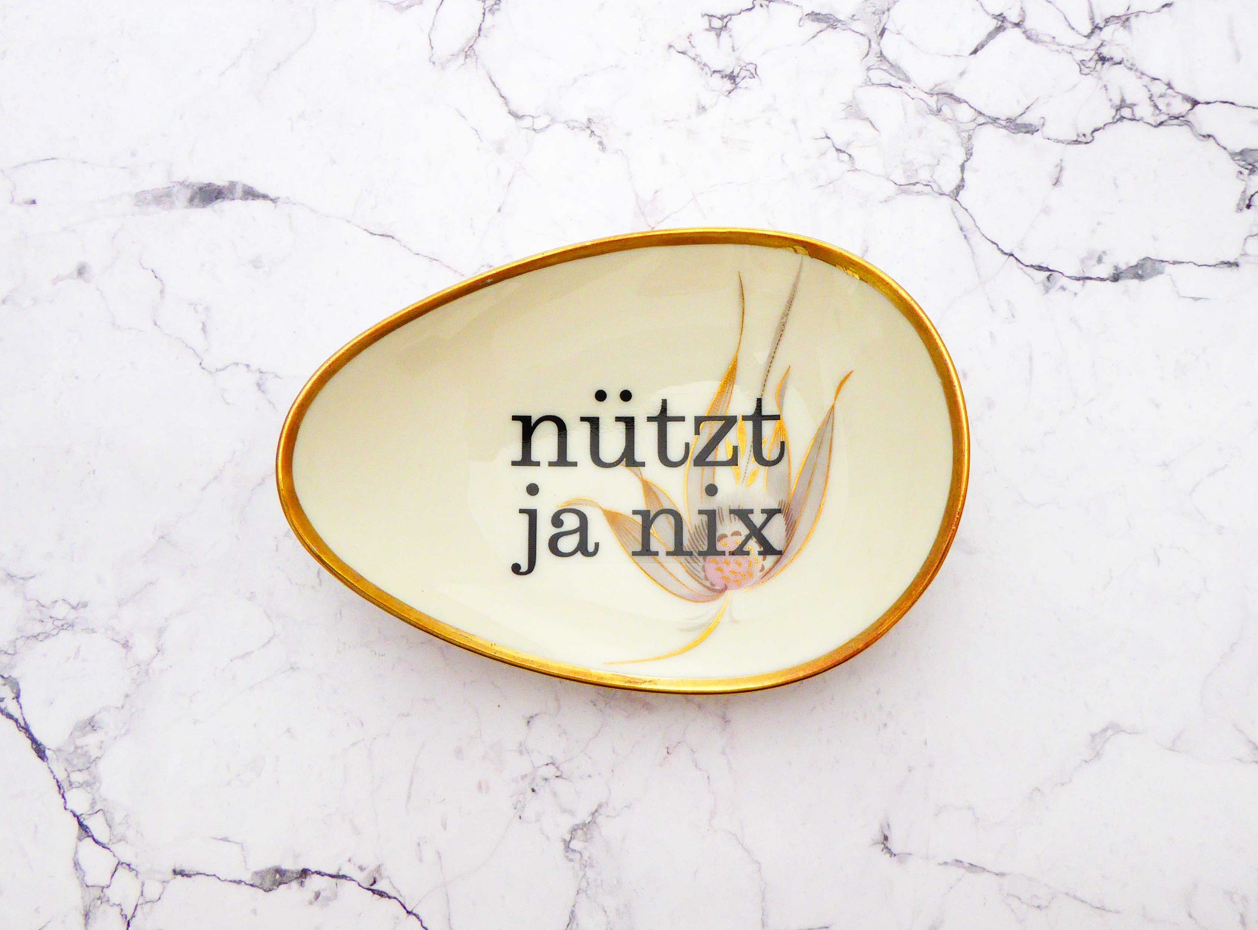 Wandteller Typo nützt ja nix Herr Fuchs mini 12cm Gold Blumen Muster oval vintage