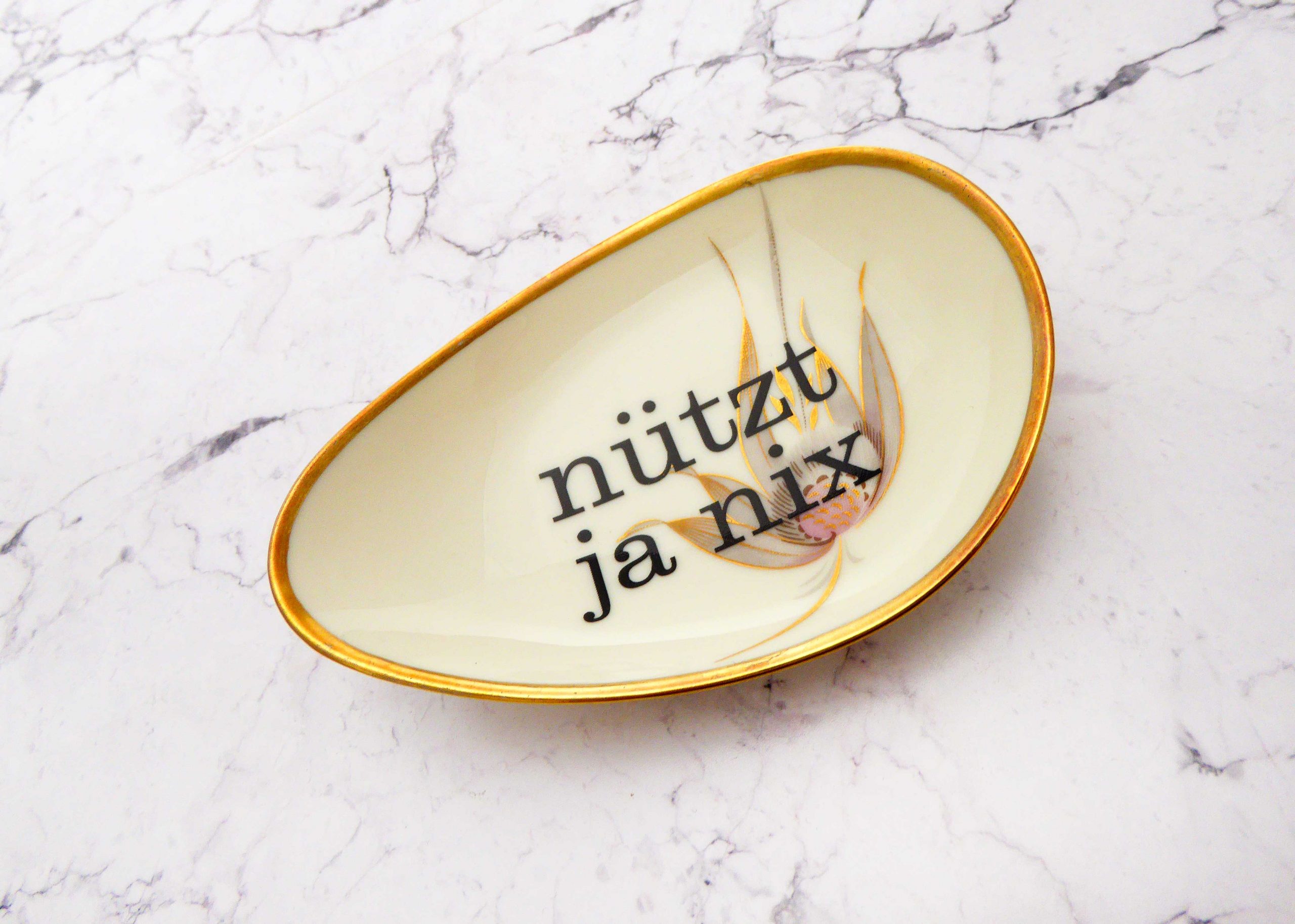 Wandteller Typo nützt ja nix Herr Fuchs mini 12cm Gold Blumen Muster oval vintage – Bild 2