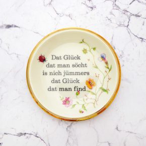 Wandteller Glück Typo Herr Fuchs mini 10cm gold Blumen  Marienkäfer vintage plattdeutsch