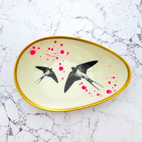 Wandteller Platte Herr Fuchs Schwalbe gold 20cm neonpink Kleckse vintage oval