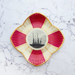 Wandteller Hamburger Hafen Kräne Rot/Gold vintage Herr Fuchs Teller eckig 21cm Muster