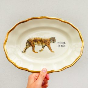 Wandteller Platte Herr Fuchs Typo nützt ja nix 28cm Tiger gold vintage Goldrand Wellen