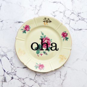 Wandteller oha Typo Herr Fuchs 15cm gold Lila Grün Blume Schnack vintage