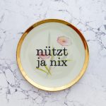 Wandteller Herr Fuchs Typo Nützt ja nix Wohnen Bunt 19cm vintage Gold  Blume