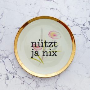 Wandteller Herr Fuchs Typo Nützt ja nix Wohnen Bunt 19cm vintage Gold  Blume