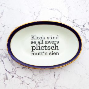Wandteller Typo plietsch vintage Herr Fuchs Platte plattdeutsch 23cm Blau Gold