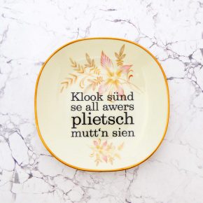 Wandteller Typo plietsch vintage Herr Fuchs Platte Blumen Gold plattdeutsch 20cm rosa