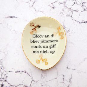 Wandteller Glööv an di Typo Herr Fuchs mini 11cm gold plattdeutsch oval Blume vintage