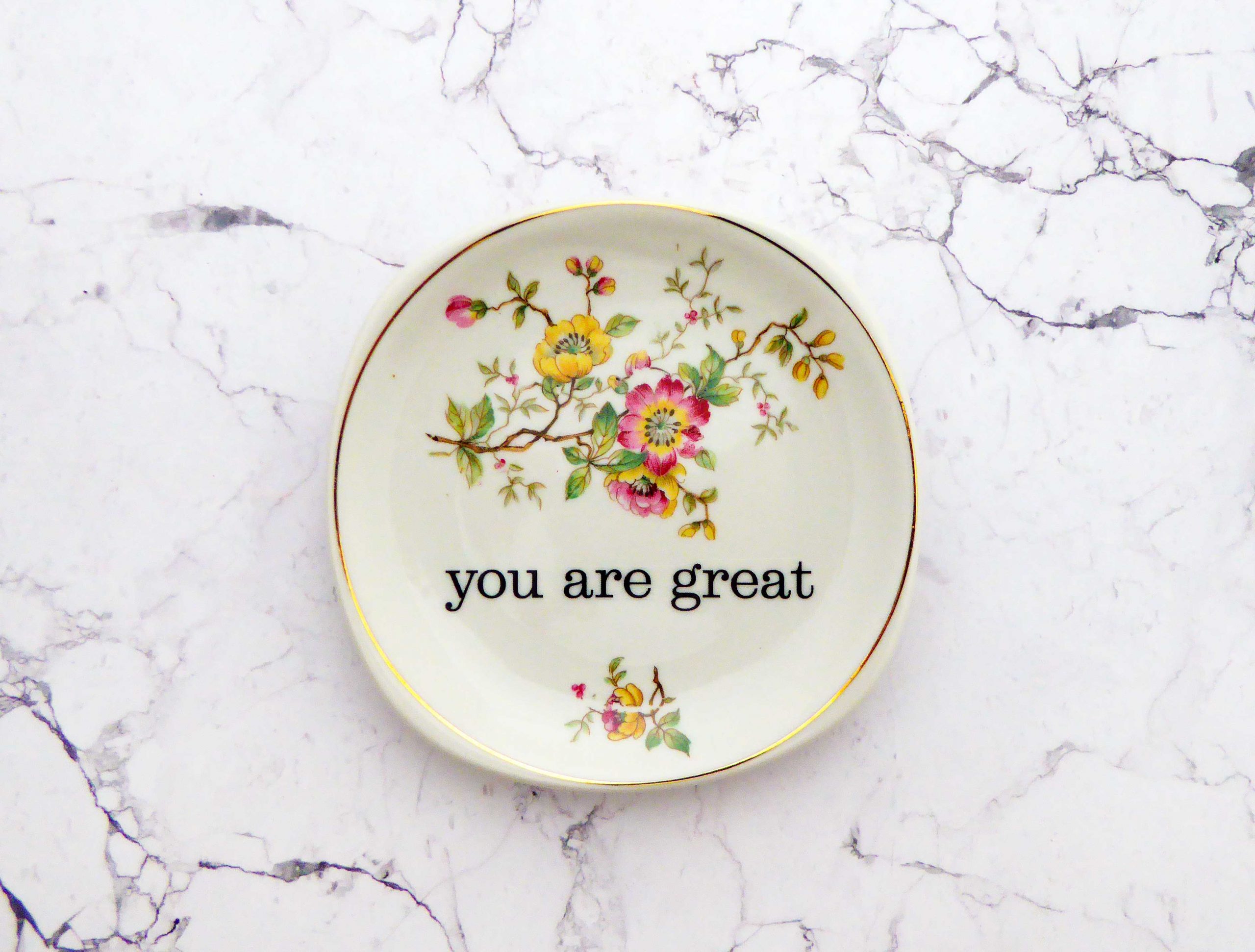 Wandteller you are great vintage Herr Fuchs Teller eckig mini 11cm Blumen gold Bunt