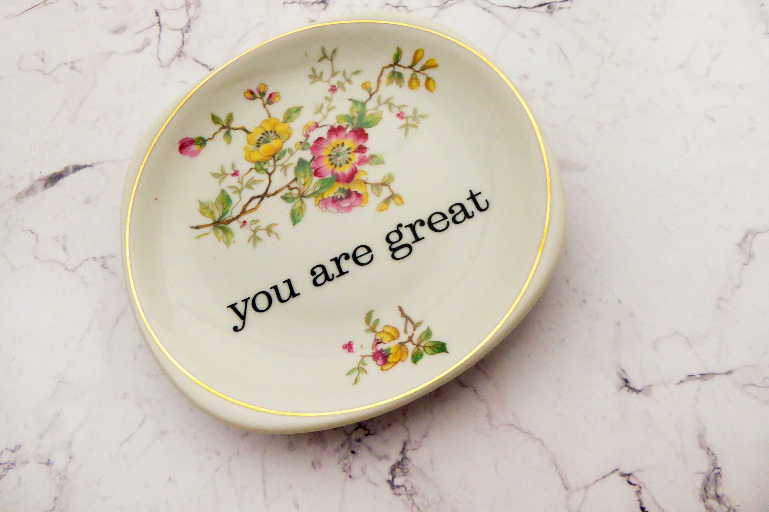 Wandteller you are great vintage Herr Fuchs Teller eckig mini 11cm Blumen gold Bunt – Bild 2