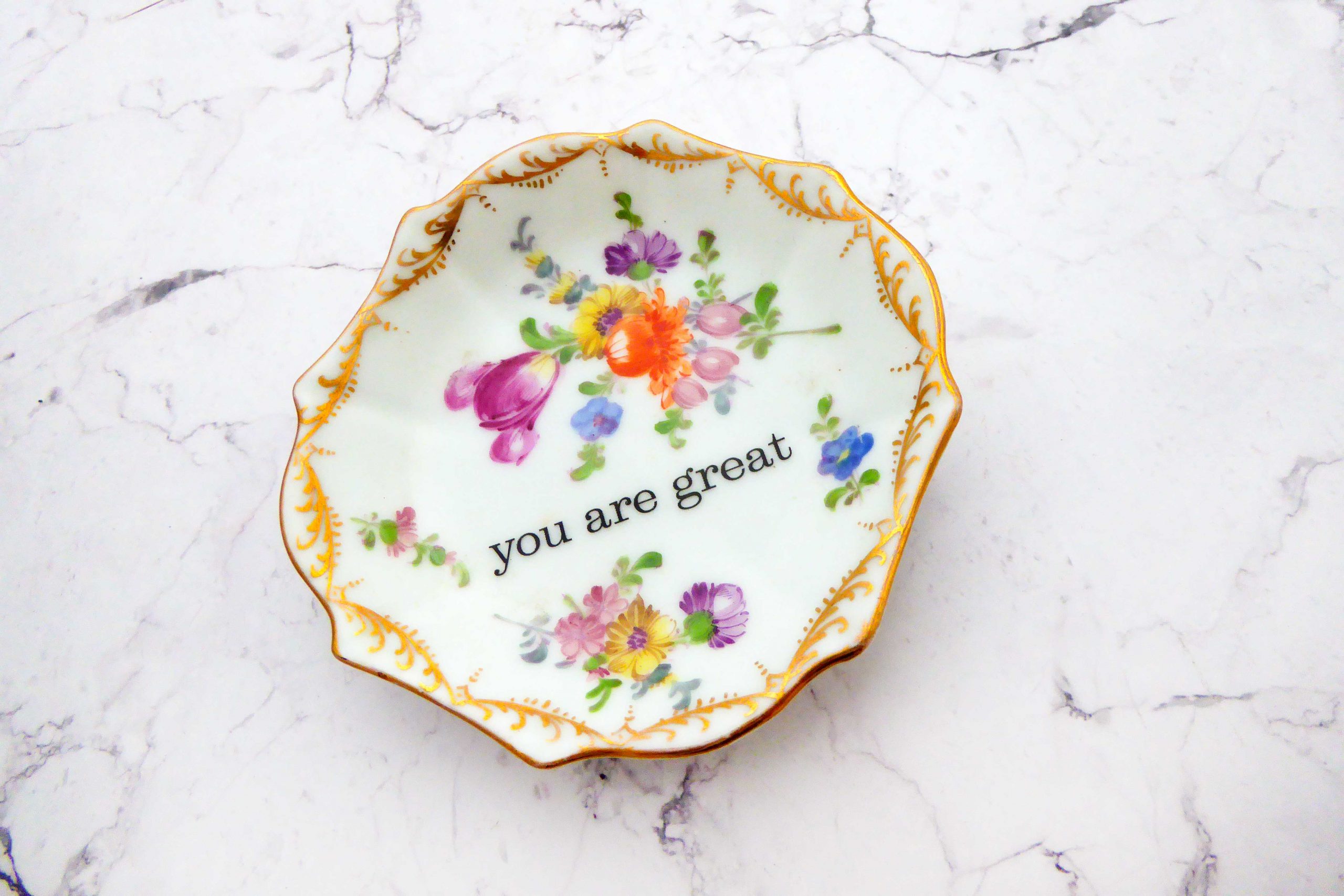 Wandteller you are great vintage Herr Fuchs Teller mini 10cm Blumen gold Bunt Ecken – Bild 2