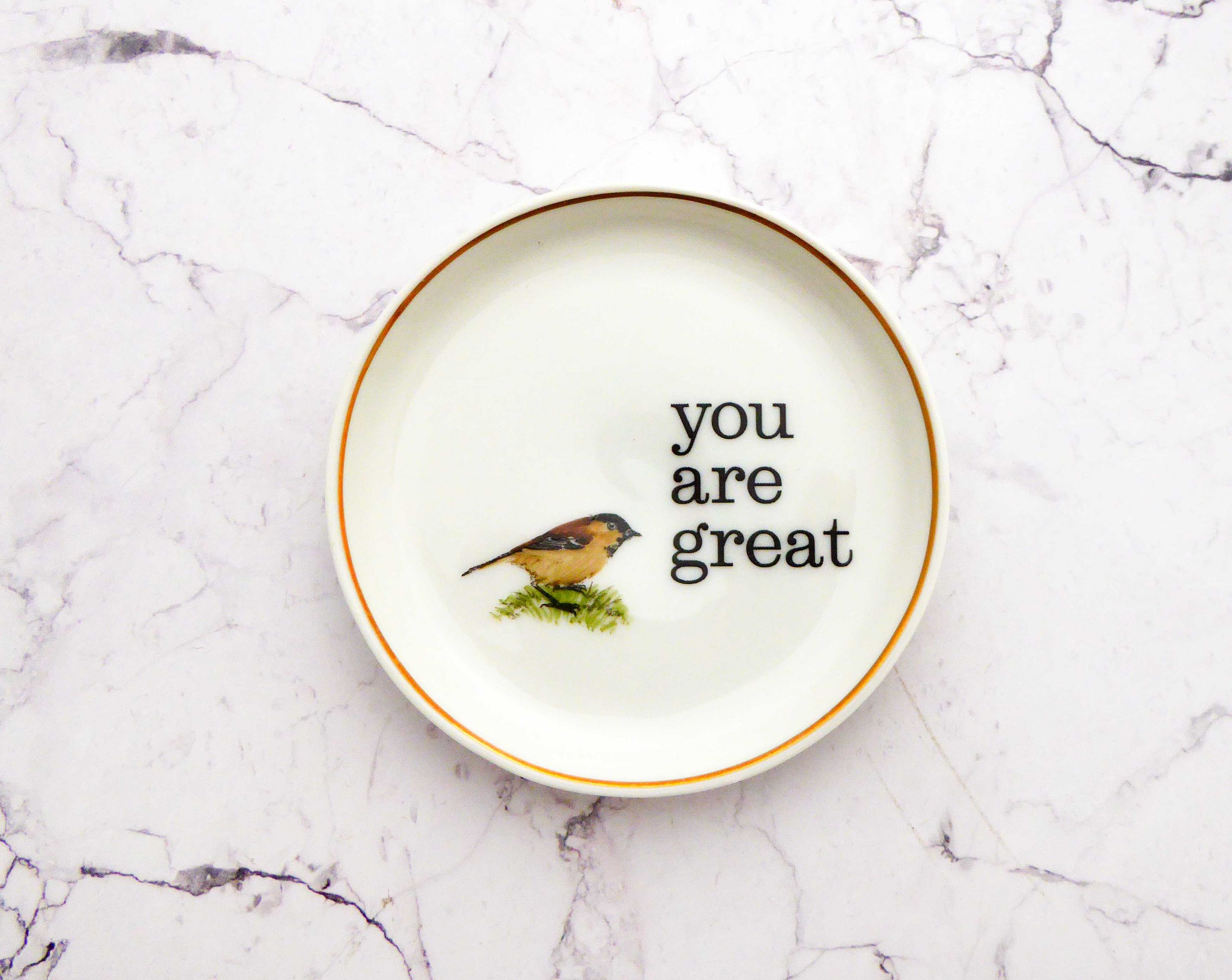 Wandteller Herr Fuchs Typo you are great Goldrand mini Vogel 9cm minimini