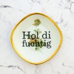 Wandteller Hol di fuchtig Typo Herr Fuchs mini 10cm Grün Blume plattdeutsch vintage Gold