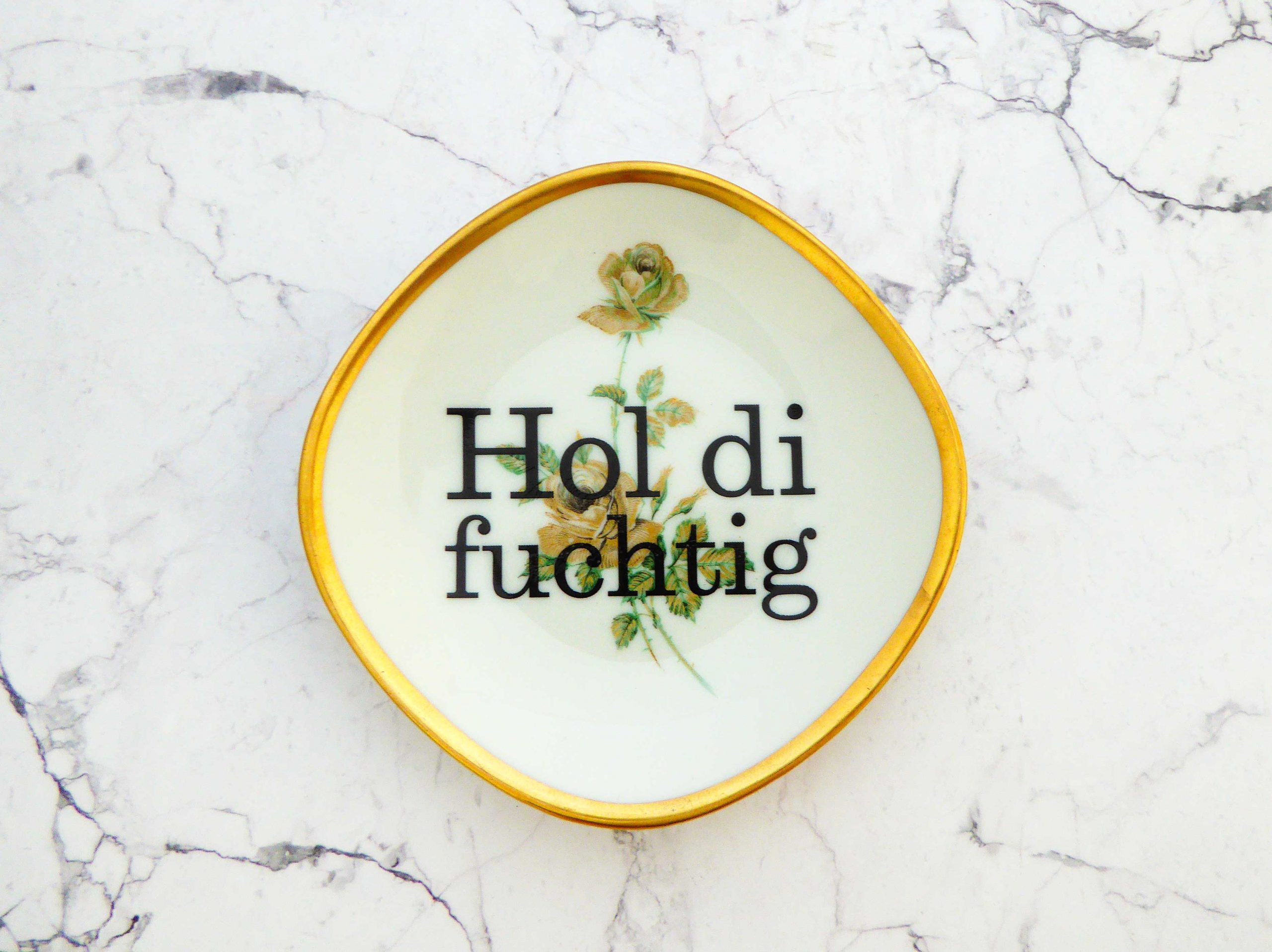 Wandteller Hol di fuchtig Typo Herr Fuchs mini 10cm Grün Blume plattdeutsch vintage Gold