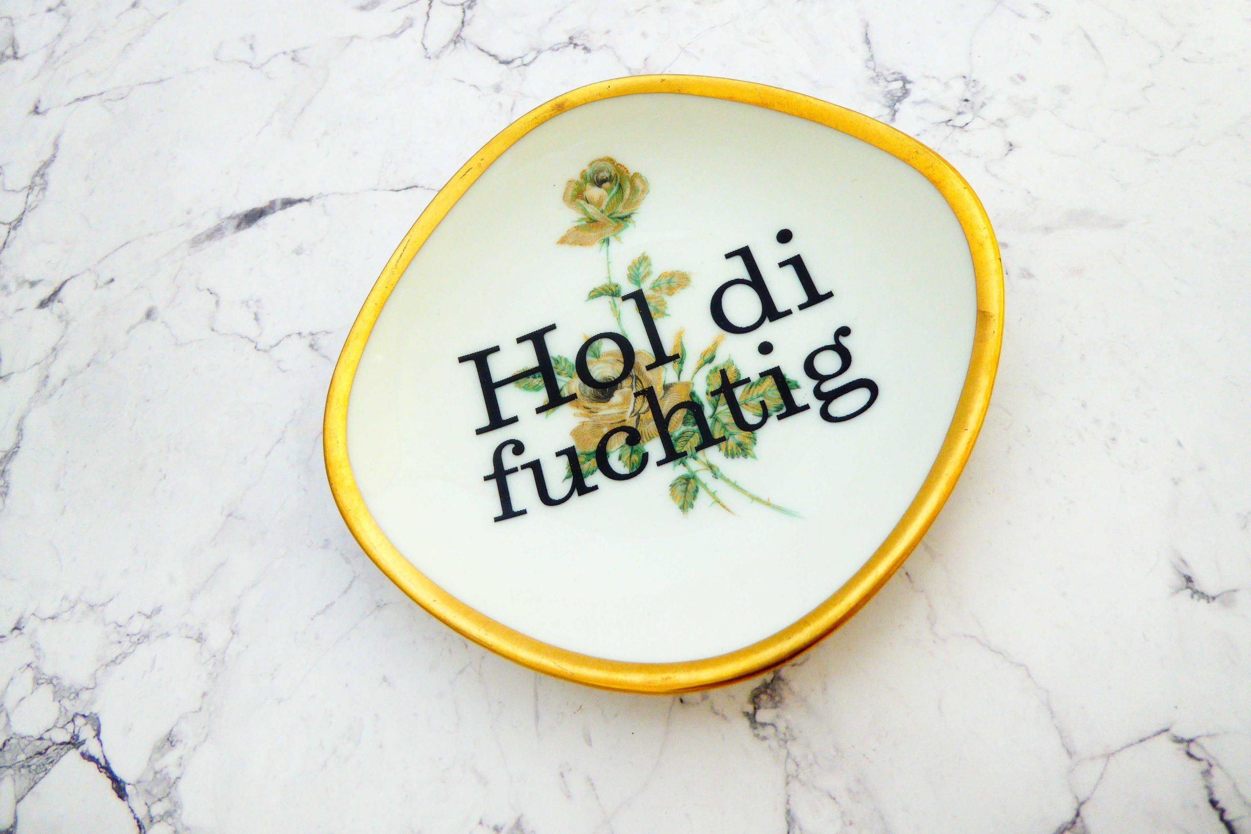 Wandteller Hol di fuchtig Typo Herr Fuchs mini 10cm Grün Blume plattdeutsch vintage Gold – Bild 2