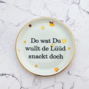 Wandteller Do wat du wullt Typo Herr Fuchs mini 10cm Sterne gold vintage plattdeutsch