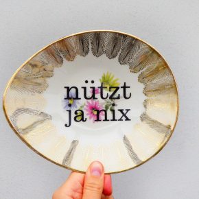 Wandteller Platte Herr Fuchs Typo nützt ja nix 19cm Blumen oval gold vintage Goldrand